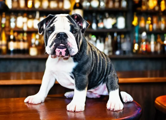 Image similar to a closeup, 4 5 mm, detailed photograph of a english bulldog holding a beer on a bar - stool, sitting at a bar on a bar - stool, beautiful low light, 4 5 mm, by franz lanting