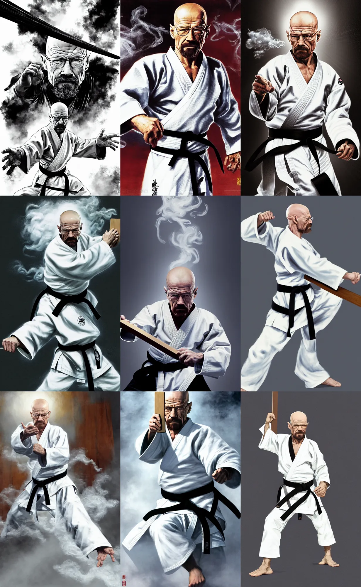 Prompt: Dynamic Concept art of grandmaster walter white wearing a white martial artist gi, karate chopping a wooden plank in half, bald head and white beard, (emanating white smoke, fog fills the area, character surrounded by wispy smoke, by Chen Uen), plain background, art by Yoji Shinkawa, 4k