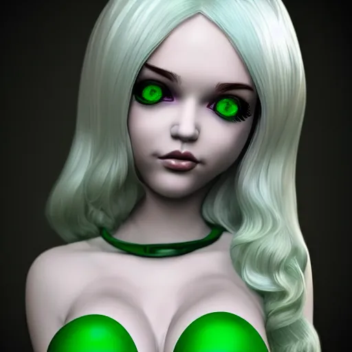 Image similar to rubber inflatable doll with green eyes and white curly hair, fantasy art, artstation, cgsociety, 3 d shading