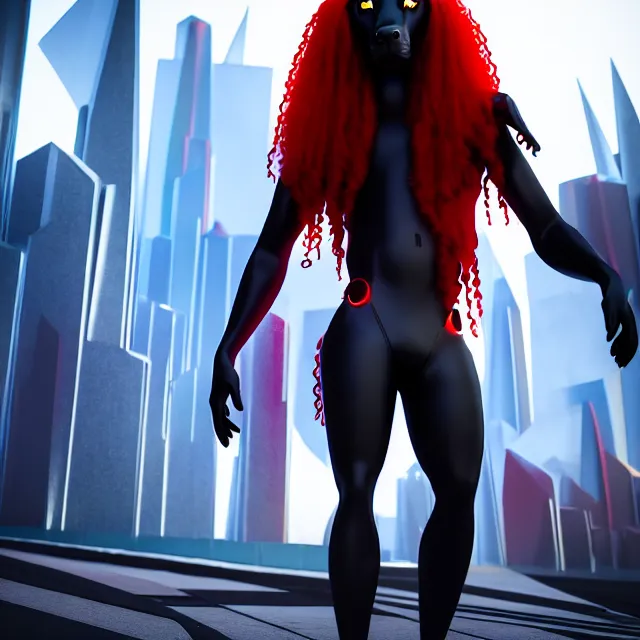 Image similar to portrait of a anthropomorphic black male wolf with red long red hair wearing futuristic clothes in a futuristic city | | concept art, 4 k, volumetric lighting, highly detailed, trending on artstation