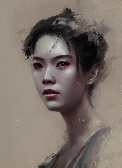 Image similar to female geisha girl, beautiful face, rule of thirds, intricate outfit, spotlight, by greg rutkowski, by jeremy mann, digital painting