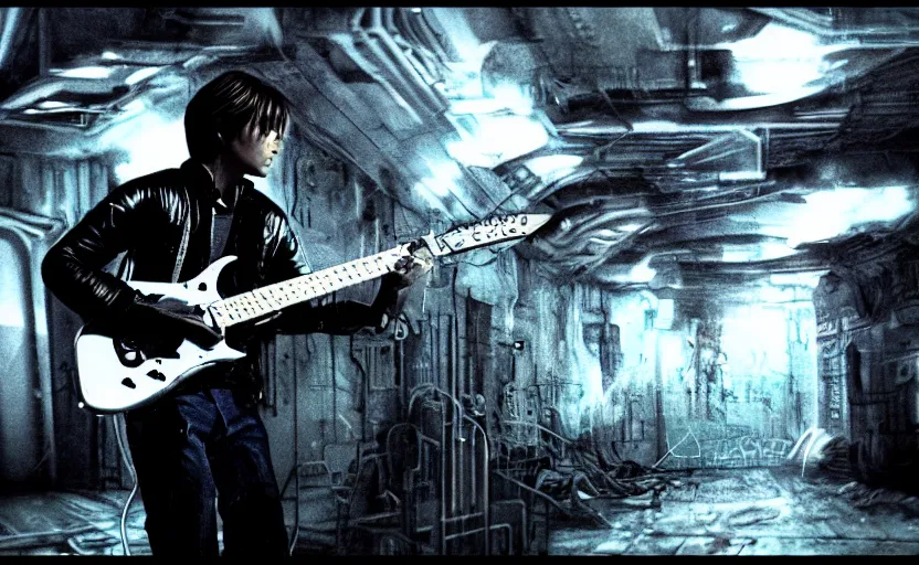 Prompt: found footage of Marty McFly playing a futuristic guitar, in liminal space, cyberpunk, film grain, dark lighting, realistic, photgraph, silent hill style, detailed cinematic lighting