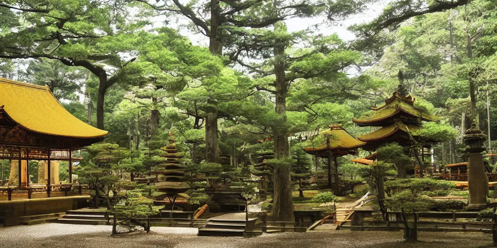 Prompt: a beautiful Zen Buddhist Forest Temple by Tomomi Abe