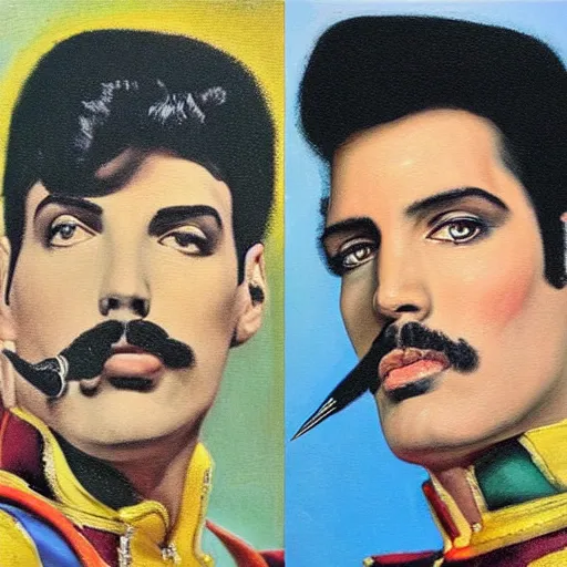 Image similar to freddie mercury and elvis painted by diego de velazquez