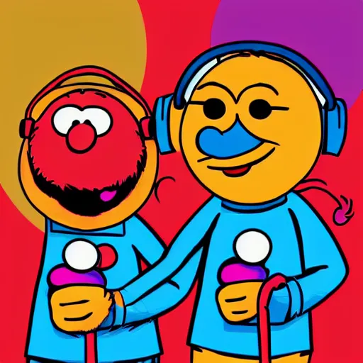 Image similar to svg sticker of a Pop-Wonder Bert&Ernie, Sesame-Street, at a rave, spinning records, giant headphones rocking out, wearing headphones, huge speakers, dancing, rave, DJ, spinning records, digital art, amazing composition, rule-of-thirds, award-winning, trending on artstation, featured on deviantart