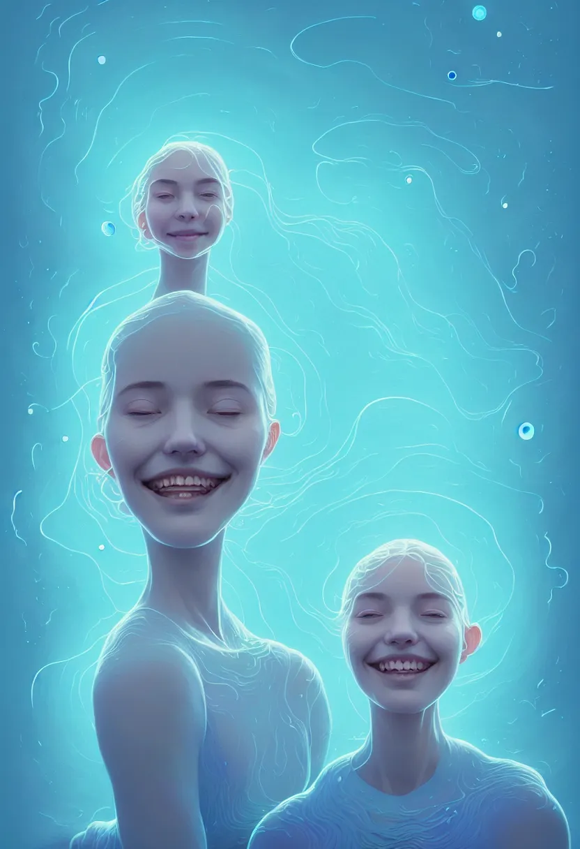 Image similar to young woman smiling in etheric hypothalamus of her mind, in a light blue color palette of cosmic spring, flowing, intricate, beautiful render, award winning photography, by simon stalenhag and wlop and artgerm, beautiful illustration