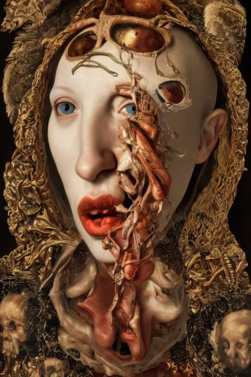 Image similar to Detailed maximalist portrait with large lips and with large wide eyes, surprised expression, surreal extra flesh and bones, HD mixed media, 3D collage, highly detailed and intricate, illustration in the golden ratio, in the style of Caravaggio, dark art, baroque