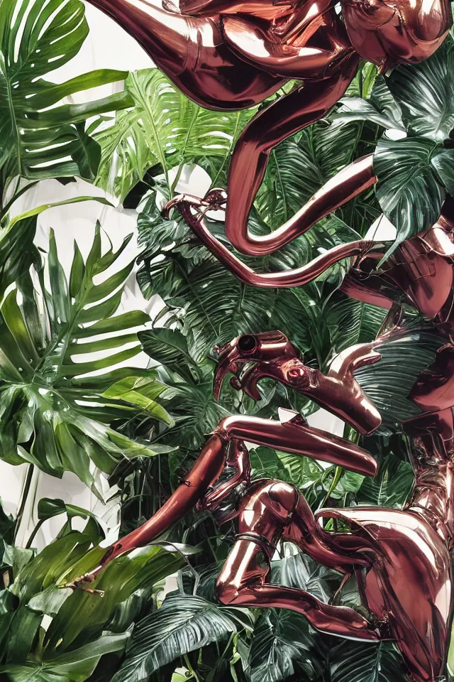 Prompt: close - up of a cyborg chrome nymph statue wrestling with a giant flamingo, surrounded by tropical monstera medinilla magnifica flower plants and thick pigmented smoke, by jeff koons, hajime soryama, boris vallejo, artgerm, greg rutkowski, alphonse mucha, kim keever