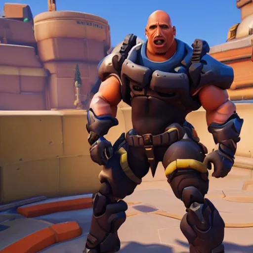 Image similar to screenshot from overwatch dwayne the rock johnson as a fortnite character