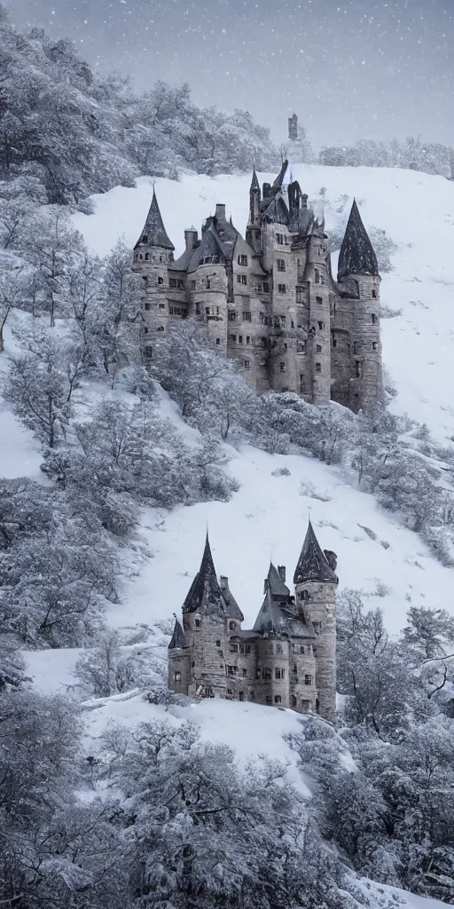 Image similar to a abandoned castle on top of a snowy mountain, 8 k, shallow depth of field, intricate detail, concept art,