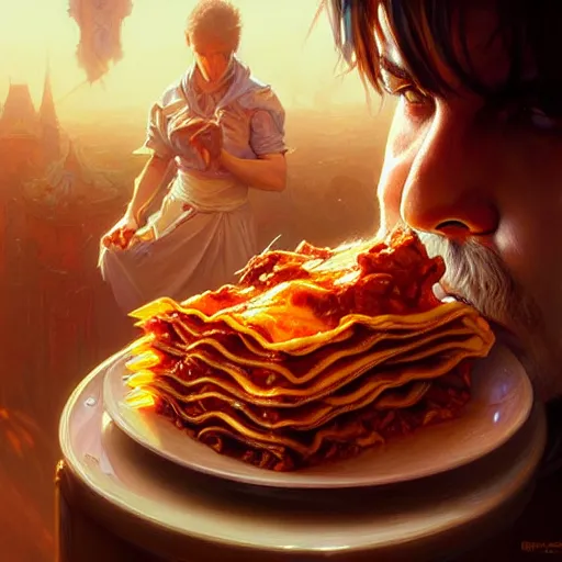 Image similar to Messi eating lasagna, closeup, D&D, fantasy, intricate, elegant, highly detailed, digital painting, artstation, concept art, matte, sharp focus, illustration, art by Artgerm and Greg Rutkowski and Alphonse Mucha