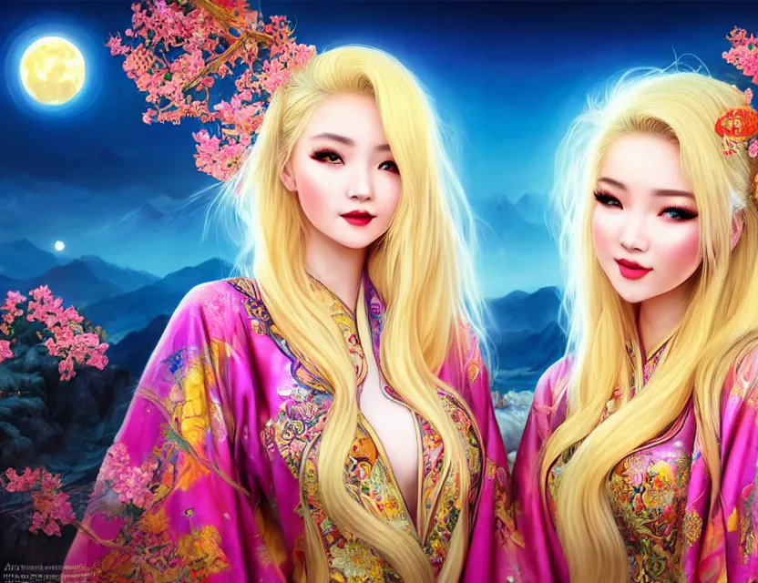Image similar to two beautiful alluring blonde uighur girls wear fantasy kimono in festival | | sunny night, full moon, dreamlike art, realistic shaded, smile, good looking, hyper details, 4 k realistic, cryengine, realistic shaded lighting poster by artgerm, ross tran, fuji choko, 8 k resolution, trending on artstation, luxury