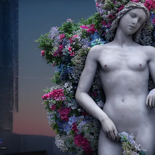 Prompt: a marble statue covered in flowers, full frame, cinematic light, 8k, hyper detailed , unreal engine,