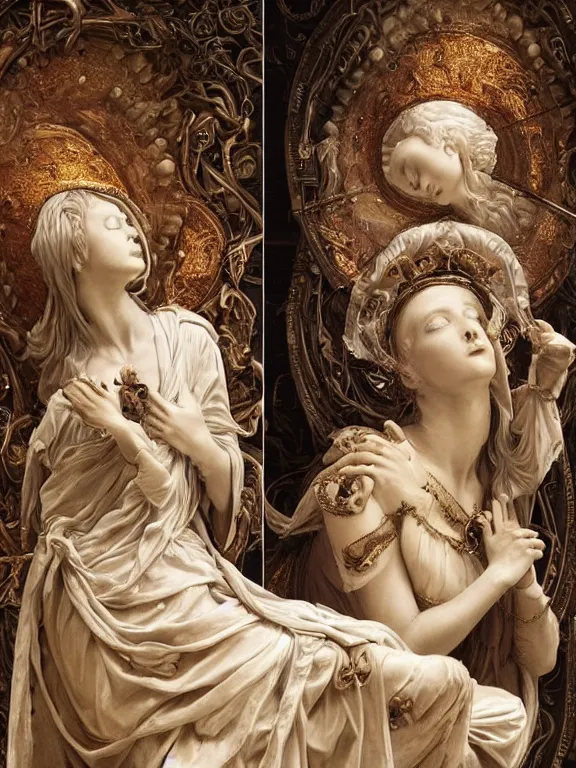 Image similar to a beautiful render of baroque catholic veiled sculpture, the red queen and the white queen pieta, with symmetry intricate detailed,by Lawrence Alma-Tadema, peter gric,aaron horkey,Billelis,trending on pinterest,hyperreal,jewelry,gold,intricate,maximalist,glittering,golden ratio,cinematic lighting