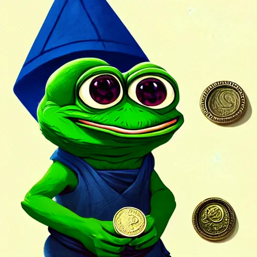 Image similar to super rich happy pepe, luxury, treasury, coins, money, hyper detalied, blue crystals, greg rutkowski, artstation