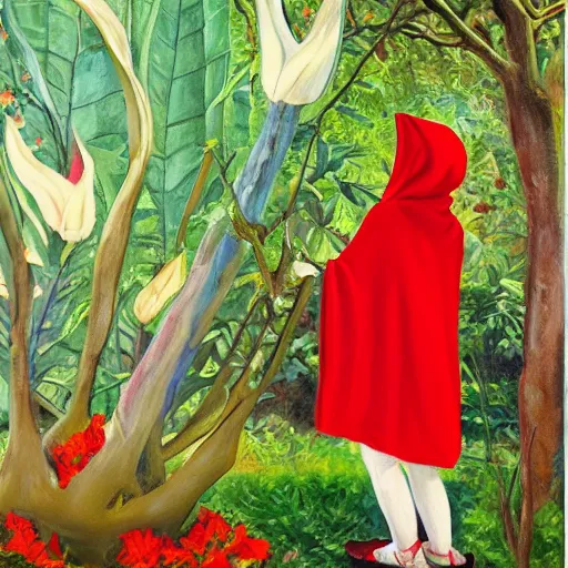 Prompt: oil painting of little red riding hood gazing up at brugmansia suaveolens flowers