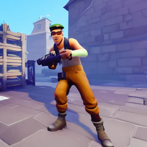 Image similar to scout from team fortress 2 as a fortnite character, gameplay screenshot
