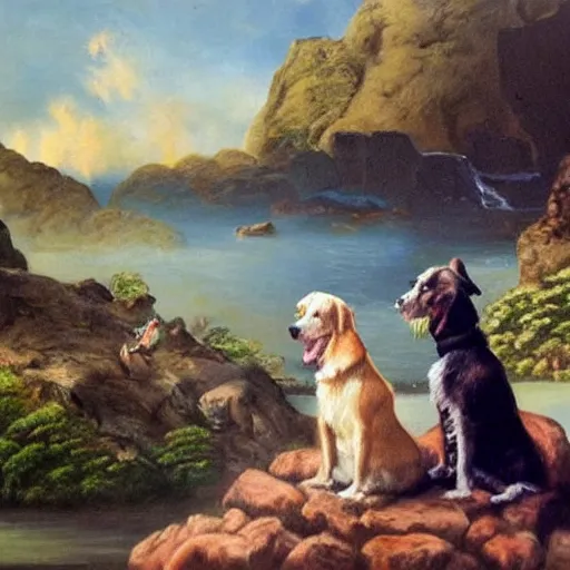 Image similar to two dogs are sitting on the a rock and looking at the bay, waterfall and fight of godzillas, oil painting, high detailed