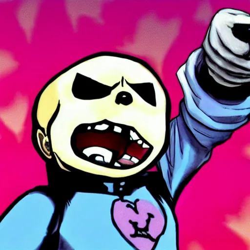 Image similar to Sans from undertale drawn in Jojo's Bizarre Adventure doing a jojo pose