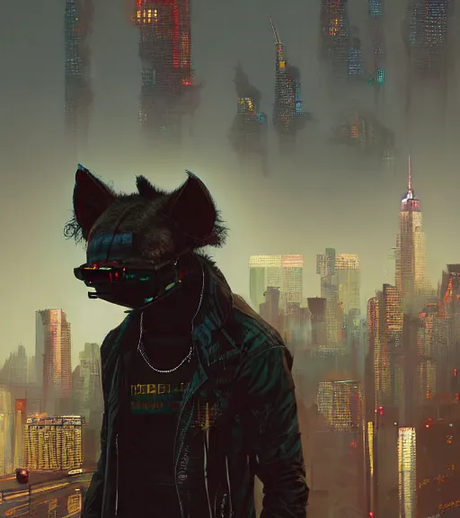 Image similar to new york city portrait of furry anthro anthropomorphic spotted hyena head animal person fursona wearing clothes strange cybernetic muzzle gloomy rainy screenshot from the video game cyberpunk 2077 digital art by Greg Rutkowski, Simon Stalenhag, christopher nolan trending on Artstation, CGSociety