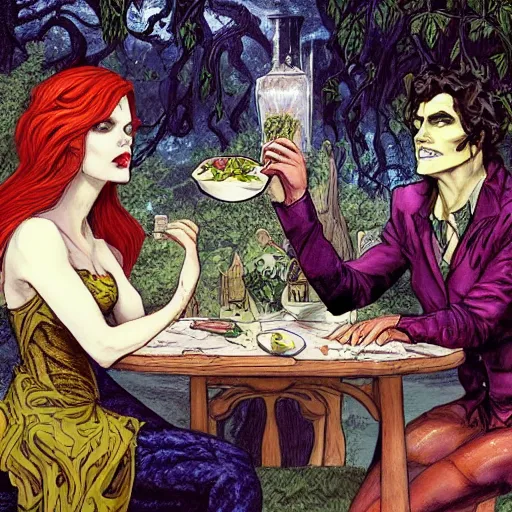 Image similar to a beautiful picture of doctor poison ivy professor of botany and doctor liliana vess professor of demonology having lunch, academic clothing, dark eyeliner, intricate, elegant, highly detailed, digital painting, artstation, concept art, matte, sharp focus, illustration, art by rebecca guay and by jacque louis david, in the style of magic the gathering