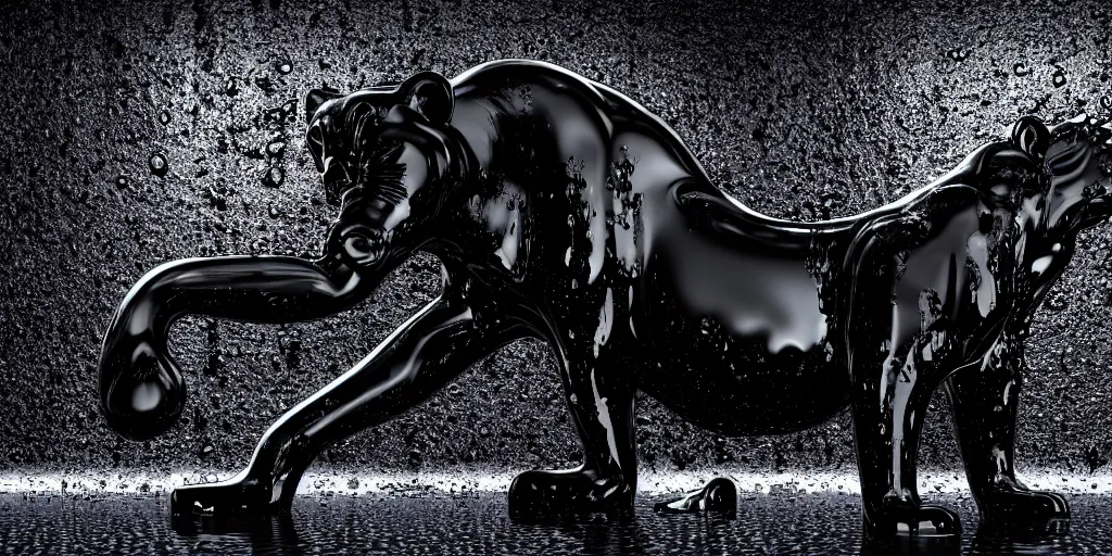 Prompt: the black lioness made of ferrofluid, bathing inside the bathtub filled with tar, dripping tar, drooling goo, sticky black goo, photography, dslr, reflections, black goo, rim lighting, cinematic light, chromatic, saturated, slime, modern bathroom, hyper realistic, 8 k resolution, unreal engine 5, raytracing