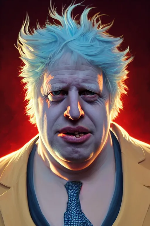 Image similar to Boris Johnson as Rick Sanchez, realistic portrait, symmetrical, highly detailed, digital painting, artstation, concept art, smooth, sharp focus, illustration, cinematic lighting, art by artgerm and greg rutkowski and alphonse mucha