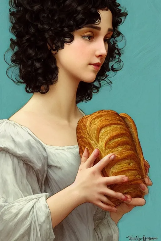 Image similar to beautiful cottagecore of a girl with short black curly hair, round face, cute face, holding a loaf of bread. There's also a black cat on her shoulder. intricate, elegant. highly detailed, digital painting, artstation, concept art, smooth, sharp, focus, illustration. . art by artgerm and greg rutkowski and alphonse mucha