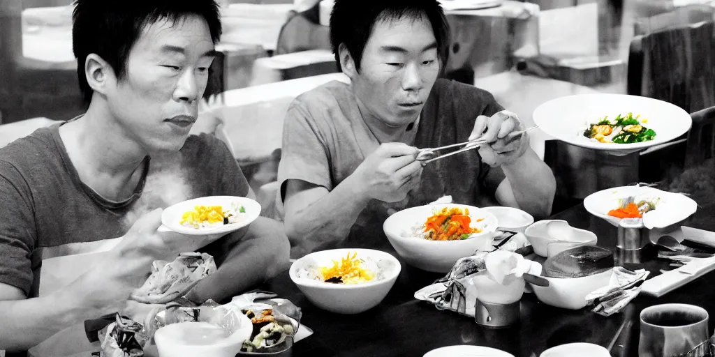 Image similar to a man eating bibimbap by huskmitnavn, black and white