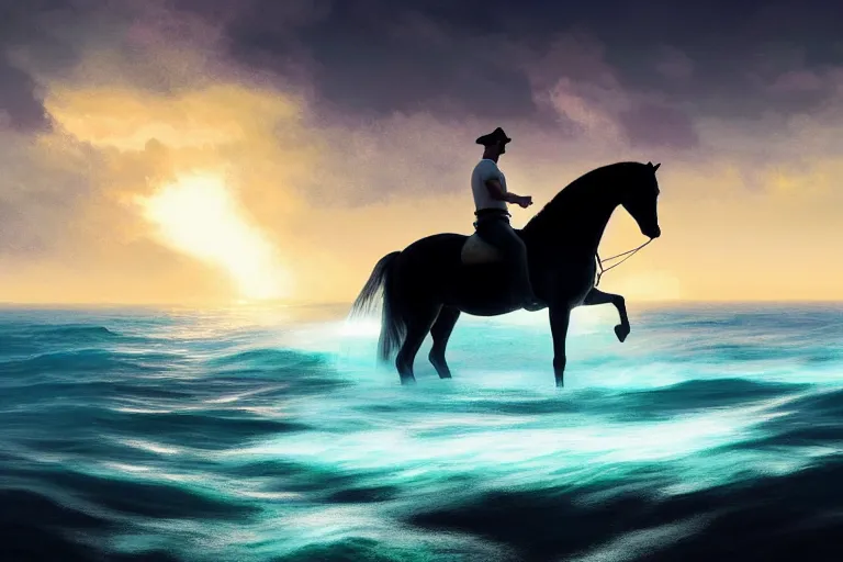 Image similar to photo of man riding a horse along the beach, glowing underwater waves toward a lighthouse in the distance guiding his way, silhouette, wide horizon, large white clouds, night, intricate, elegant, highly detailed, digital painting, artstation, concept art, smooth, sharp focus, illustration, art by artgerm and greg rutkowski and fra angelico