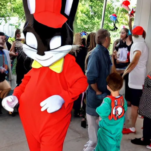 Prompt: paparazzi photo Man in Bugs Bunny costume spying on children at a birthday party, high quality, good lighting, masterpiece, beautiful beautiful beautiful beautiful beautiful