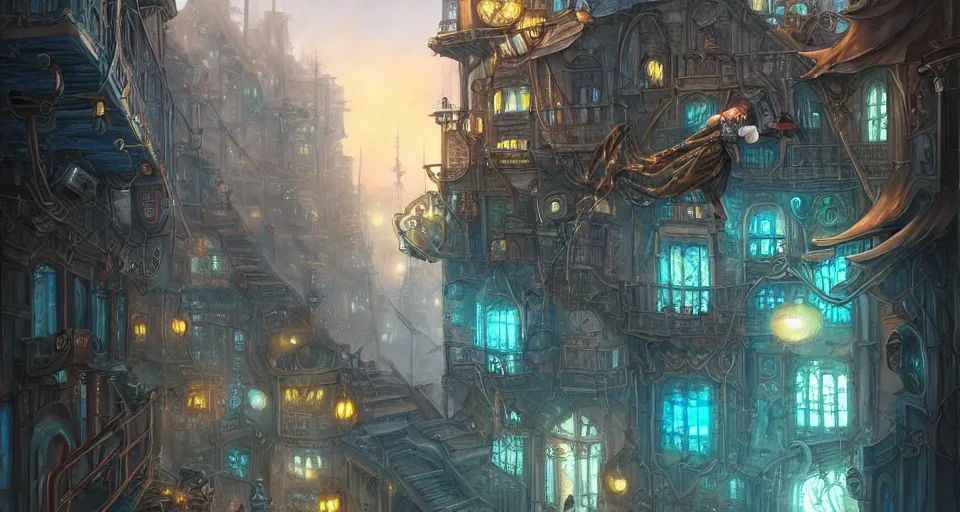 Image similar to landscape painting of fantasy metal steampunk city that has a light blue glow with walkways and lit windows with a hooded thief in leathers climbing a building using a rope, fine details, magali villeneuve, artgerm, rutkowski