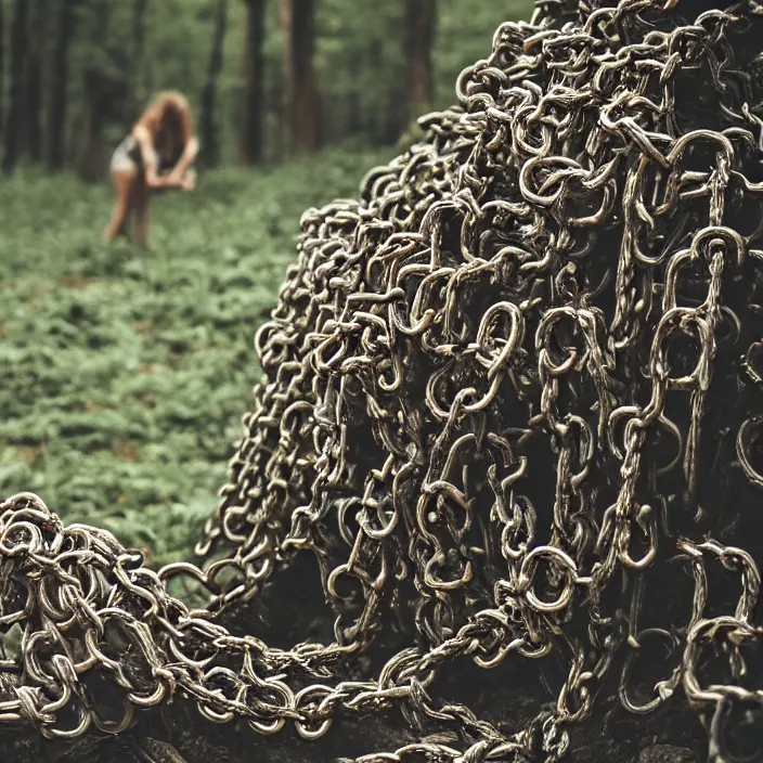 Image similar to a closeup of a woman wrapped in chains, dragging a pile of chains, in a forest, by Erik Almas, CANON Eos C300, ƒ1.8, 35mm, 8K, medium-format print