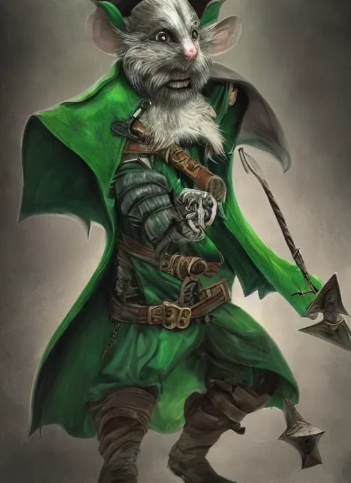 Prompt: rat on two legs with a gray beard, human eyes, pirate hat, green cape, digital art, fantasy, d & d, warhammer, realistic, detailed, dynamic, trending on artstation