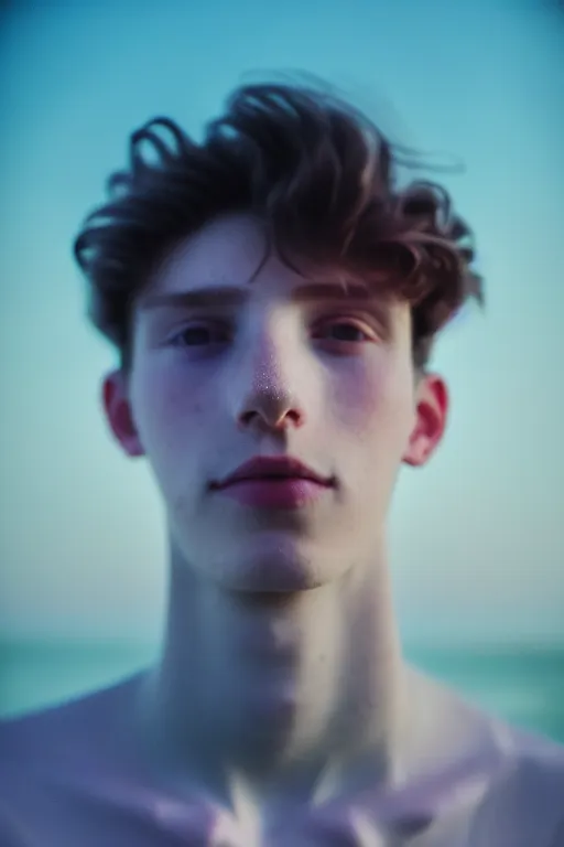 Image similar to high quality pastel coloured film mid angle selfie photograph of a beautiful young 2 0 year old male, soft features, black hair, standing in an icelandic black rock environment. atmospheric. three point light. photographic. art directed. ( pastel colours ). volumetric light. sheen. waves glitch. 8 k. filmic.