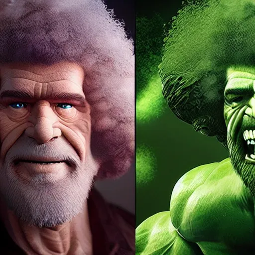 Image similar to photomanipulation of BOB ROSS as hulk with human flesh, marvel, fully detailed, volumetric lightening, octane render