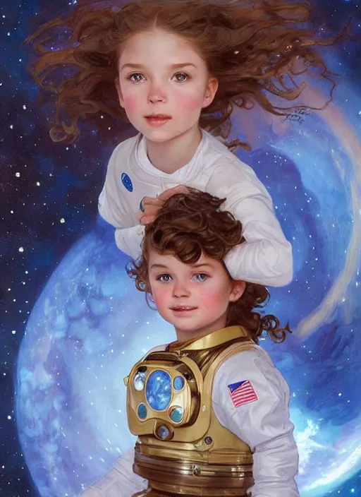 Prompt: a cute little girl with curly light brown hair and blue eyes as an astronait wearing a space suit in space, beautiful fantasy painting by artgerm and greg rutkowski and alphonse mucha