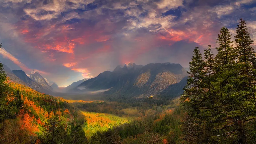 Prompt: The most beautiful panoramic landscape, oil painting, where the mountains are towering over the valley below their peaks shrouded in mist, the sun is just peeking over the horizon producing an awesome flare and the sky is ablaze with warm colors and stratus clouds. A giant dreamy waterfall creates a river, it is winding its way through the valley and the trees are starting to bloom in pink colors, by Greg Rutkowski, aerial view