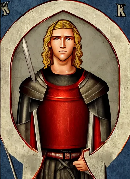 Image similar to medieval iconography of a handsome young knight with a beautiful face and clear skin, long blond hair, knight armor, no helmet, high resolution, clear image, digital art, studio photo, 4 k, clear lines, artstation