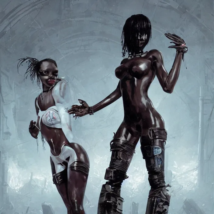 Image similar to african domme mistress, full body, powerful ebony skin, rubber and latex, postapocalyptic, smooth white surroundings, smooth, high tech, concept art, realistic painting, digital art by greg rutkowski, by junji ito