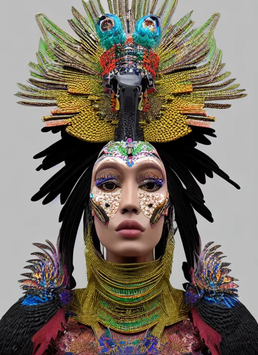 Image similar to 3 d goddess close - up profile portrait. beautiful intricate highly detailed mexican magpie helm and traditional mexican huipil! quetzalcoatl, stingray, bio luminescent, plasma, lava, ice, water, wind, stormy, creature, artwork by tooth wu and wlop and annie leibovitz, octane 3 d render