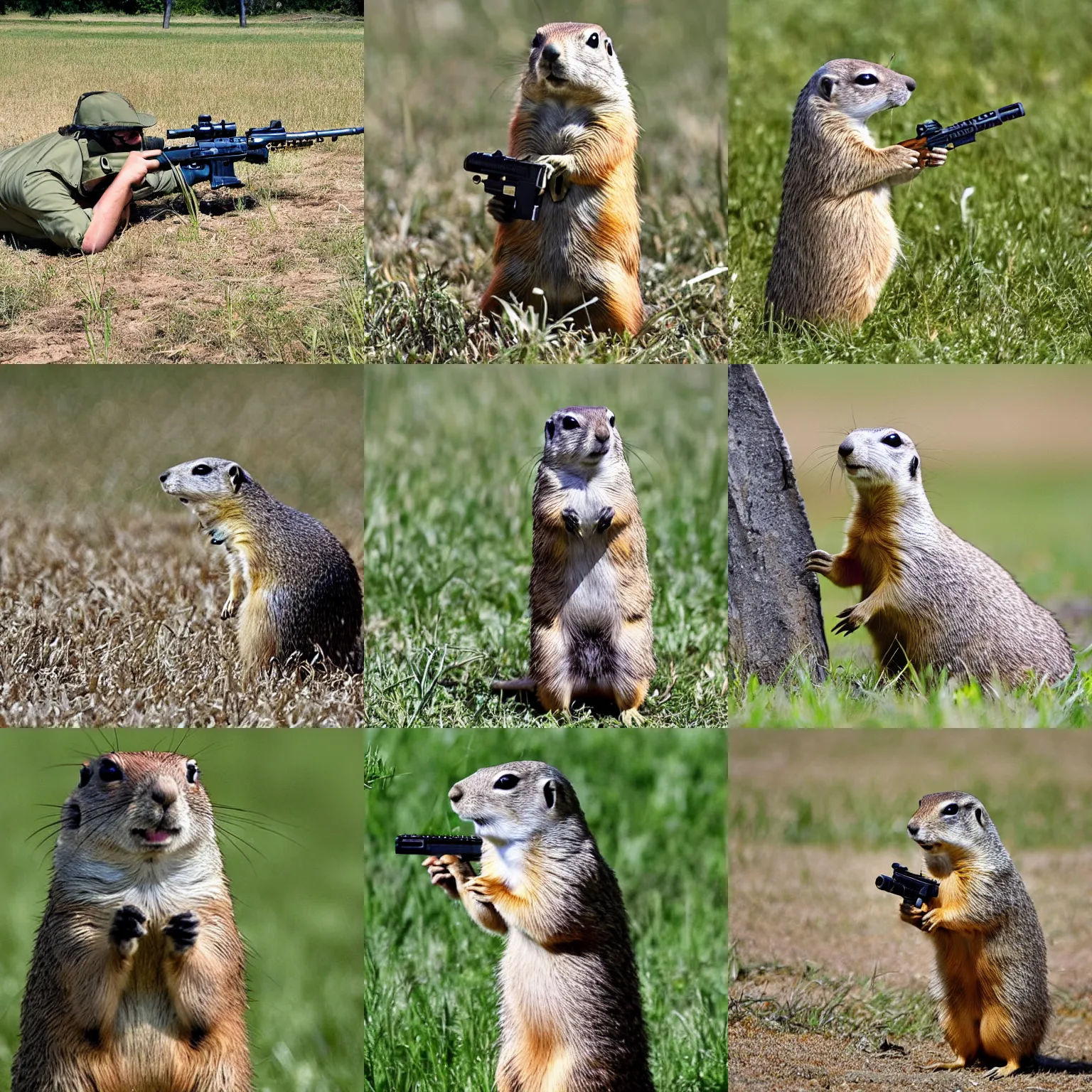 Prompt: a very hangry prairie dog. holding an ar - 1 5, aiming, lying on the grass