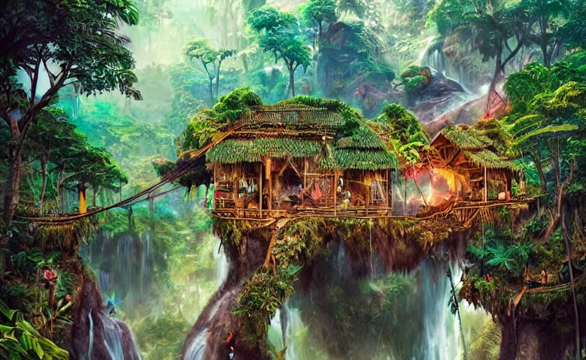 Prompt: a vibrant jungle, makeshift wooden houses built into the trees, connected by several rope bridges, waterfall, fantasy digital painting, stunning, intricate details, artwork by ross tran and artgerm