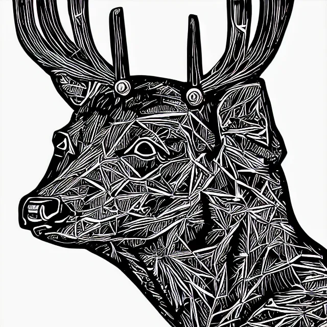 Prompt: linocut of a cybernetic deer. pink, black and white color pallette.