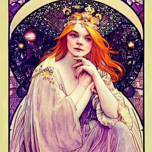 Image similar to elle fanning portrait by louis - theophile hingre and alphonse mucha, realistic, sharp focus, zodiac signs, tarot cards, planets, ethereal, art nouveau, magic, moon, sun, crown, dreamy, royal, jewellery