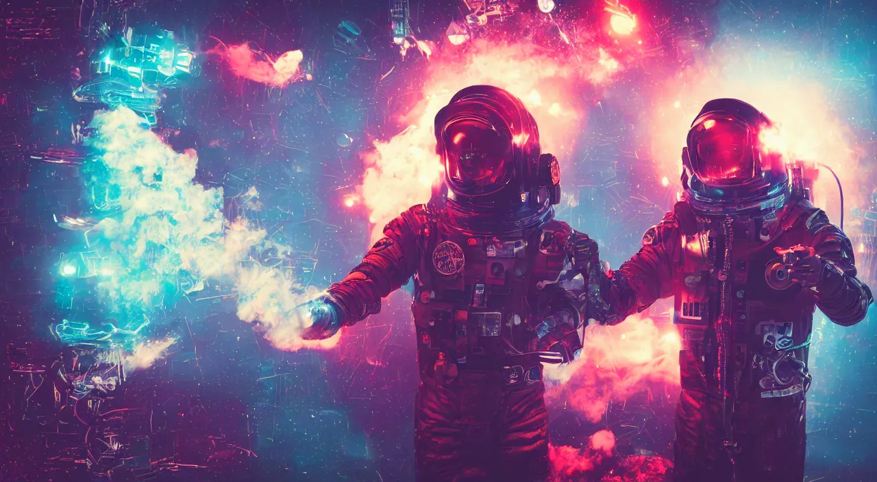 Image similar to a man in a space suit with a smoke bomb in his hand, cyberpunk art by mike winkelmann, shutterstock contest winner, space art, darksynth, retrowave, synthwave