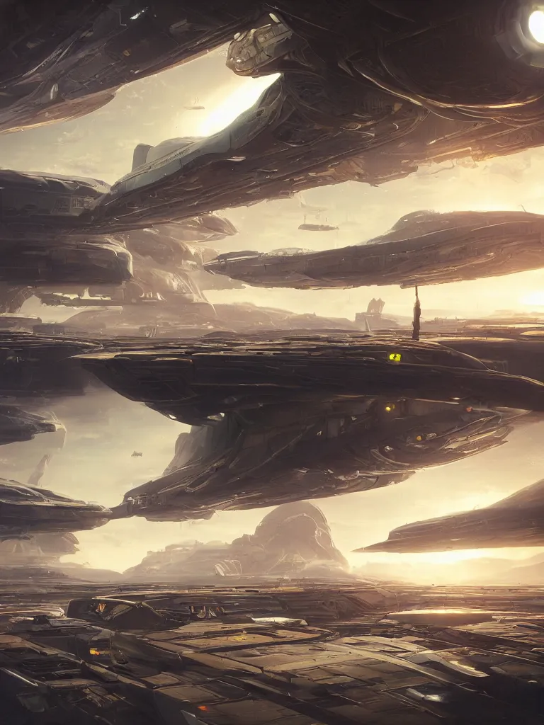 Prompt: a massive interior spaceport environment where hundreds of spaceships refuel with the mystical energy of transcendentalism, pristine concept art, small, medium and large design elements, golden hour, in the style of WLOP and Ross Tran