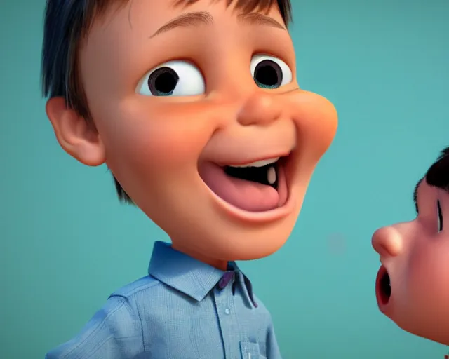 Image similar to detailed cartoon portrait of a little boy with a runny nose singing to his grandpa, 3 d pixar, sharp high quality