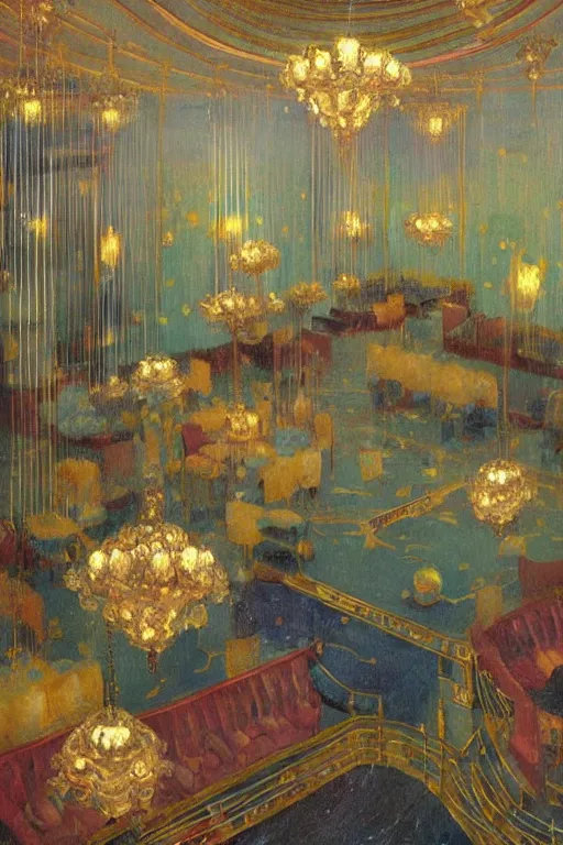 Image similar to 1920s cinematic aerial view of decorated surrealist ballroom, the moon casts long exaggerated shadows, crystalline light rays refract dust, impressionst oil painting on wood, big impressionist oil paint strokes, decadent interior dinning room with centered grand crystal chandelier, symmetric 1930s dimly lit art deco interior concept art by Ivan Aivazovsky, ukiyo-e print, japanese woodblock, aerial view