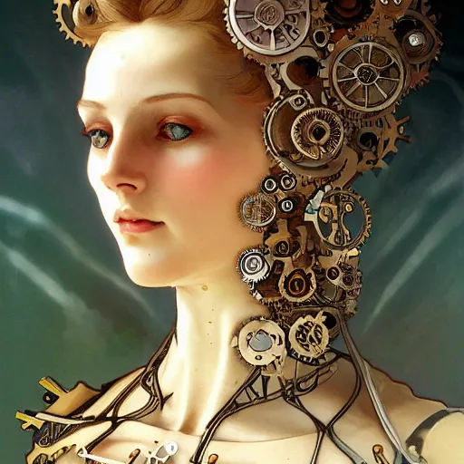 Prompt: A close-up portrait of a beautiful female android wearing an intricate cracked porcelain face by Alphonse Mucha, exposed structure with gears, beautiful eyes, steampunk, gears, steam, art nouveau card, concept art, wlop, trending on artstation